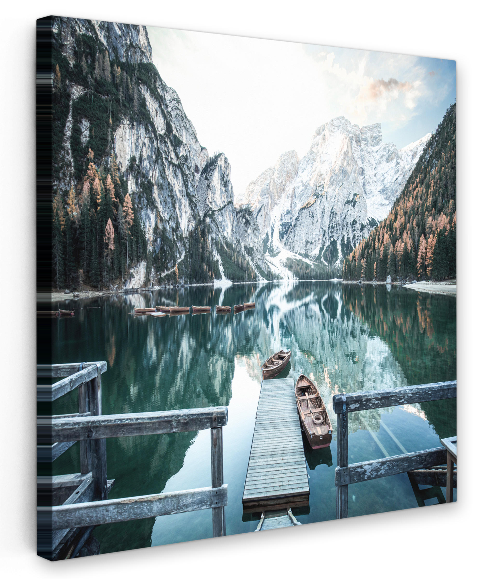 LEINWANDBILD Natur - Berge - Schnee - Wald - Boot 20x20 cm - Hellgrün, Textil (20/20cm) - MuchoWow