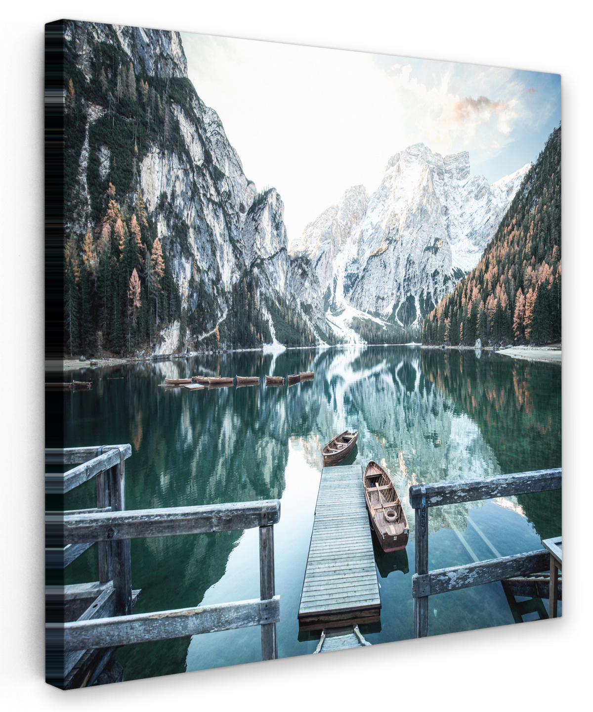 LEINWANDBILD Natur - Berge - Schnee - Wald - Boot 20x20 cm - Hellgrün, Textil (20/20cm) - MuchoWow
