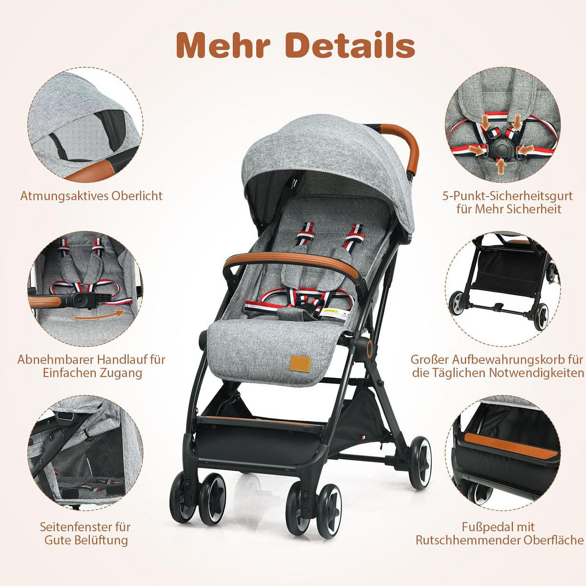 KINDERWAGEN einhand faltbar Grau - Grau, Metall (41/72/96.5cm) - COSTWAY