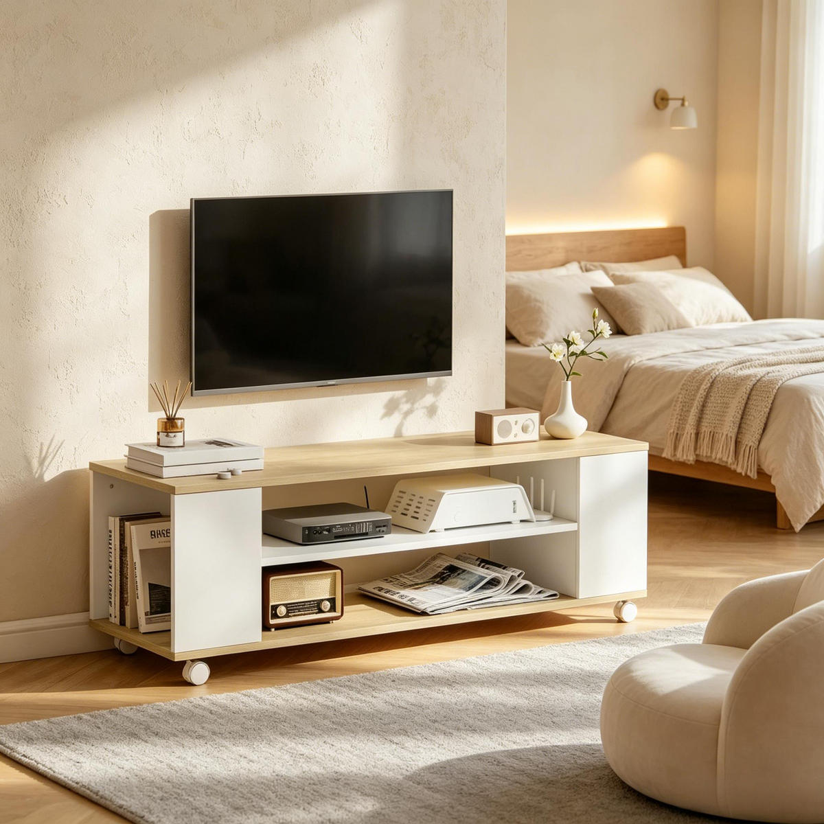 TV-SCHRANK 120/40/38,5 cm Weiß/Natur mit Rollen, Hängend/Stehend - Weiß, Holzwerkstoff (120/38.5/40cm) - Oxeza