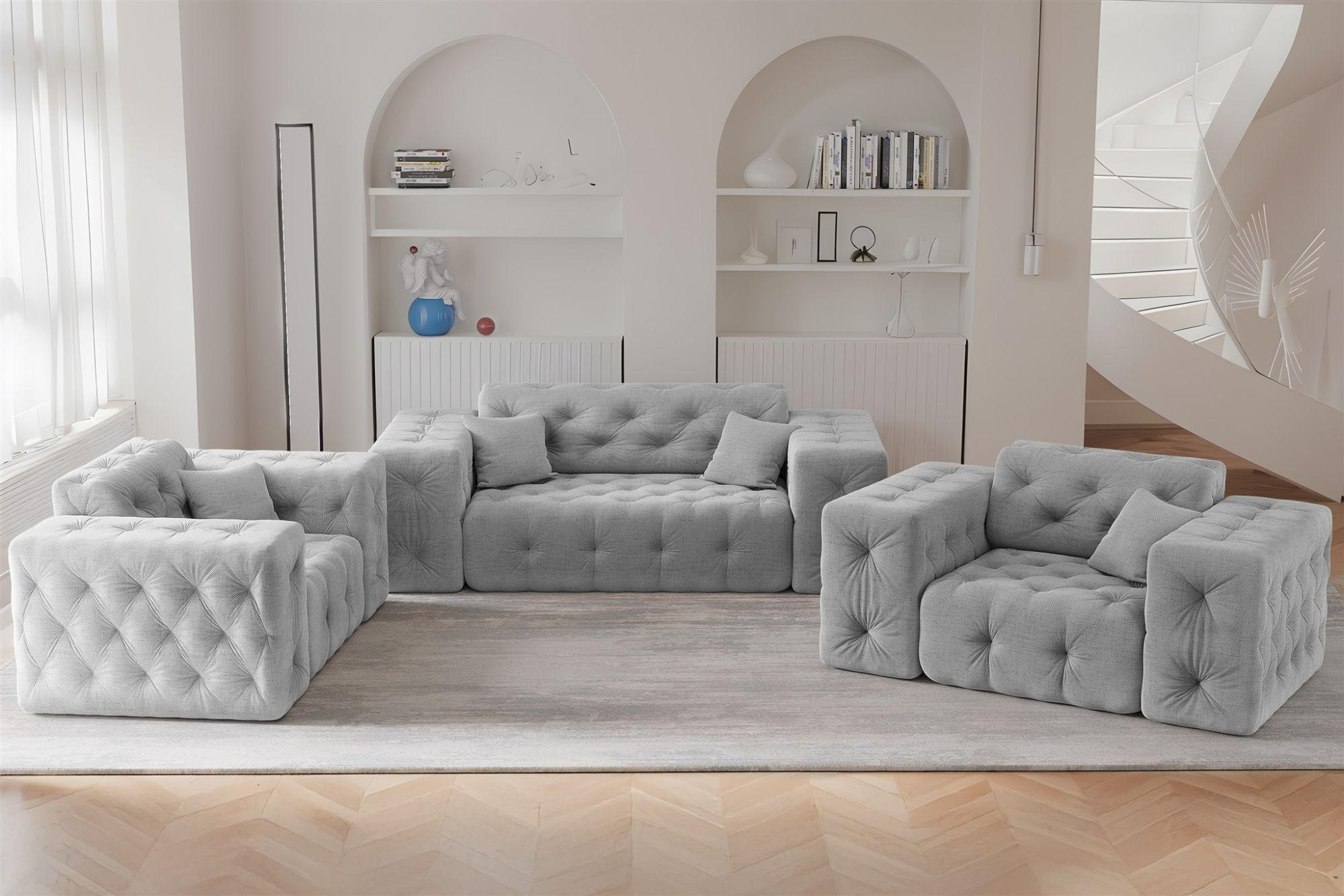 SOFASET Chantal In Moly - Hellgrau, Holzwerkstoff/Textil (186/78/96cm) - Fun Möbel