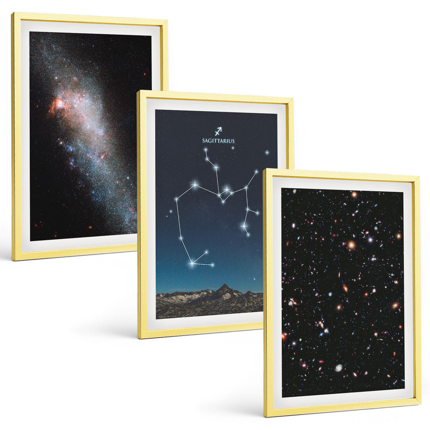 BILDER SET 3er Set - 40x60 cm Goldrahmen - Galaxien, Sternbilder, Weltraum, Schütze - Goldfarben, Kunststoff (40/60cm) - TULUP