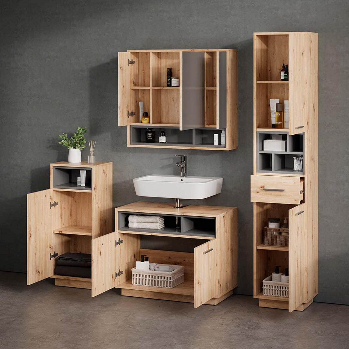 BADMÖBEL-SET Temo Artisan-Eiche 4 Teile - Anthrazit/Eiche Artisan, Holzwerkstoff (80/64/40cm) - Livinity®