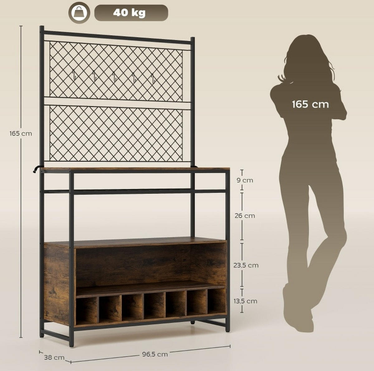 BUFFET aus Holz und Metall 96,5/38/165 cm Braun-Schwarz mit Arbeitsfläche, Weinregal und 5 Haken - Braun, Holzwerkstoff (96.5/165/38cm) - Modfu