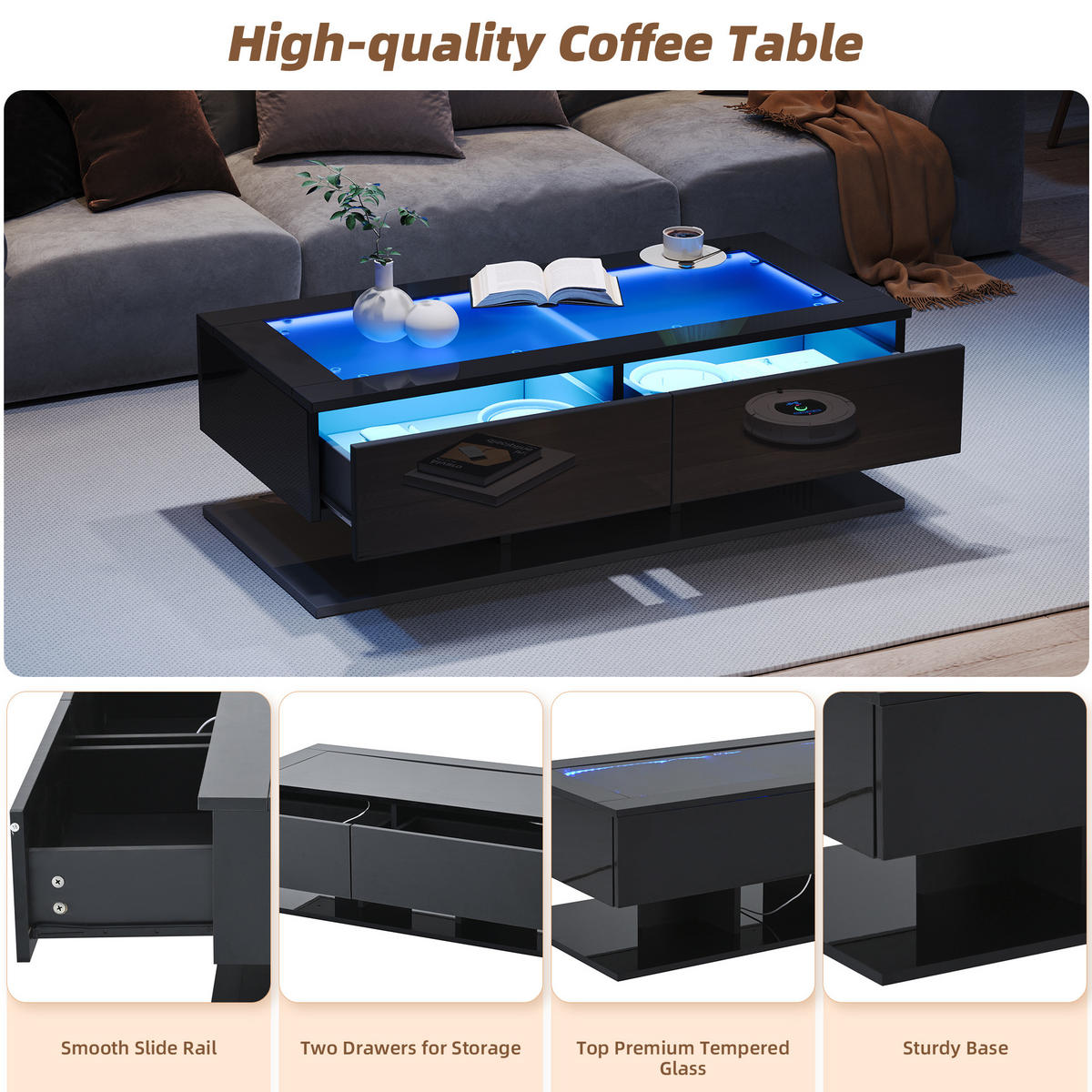 COUCHTISCH aus Spanplatte und gehärtetem Glas 100x50x35 cm Schwarz mit LED-Beleuchtung und 2 Schubladen - Schwarz, Holzwerkstoff (100/50/35cm) - IVMEU