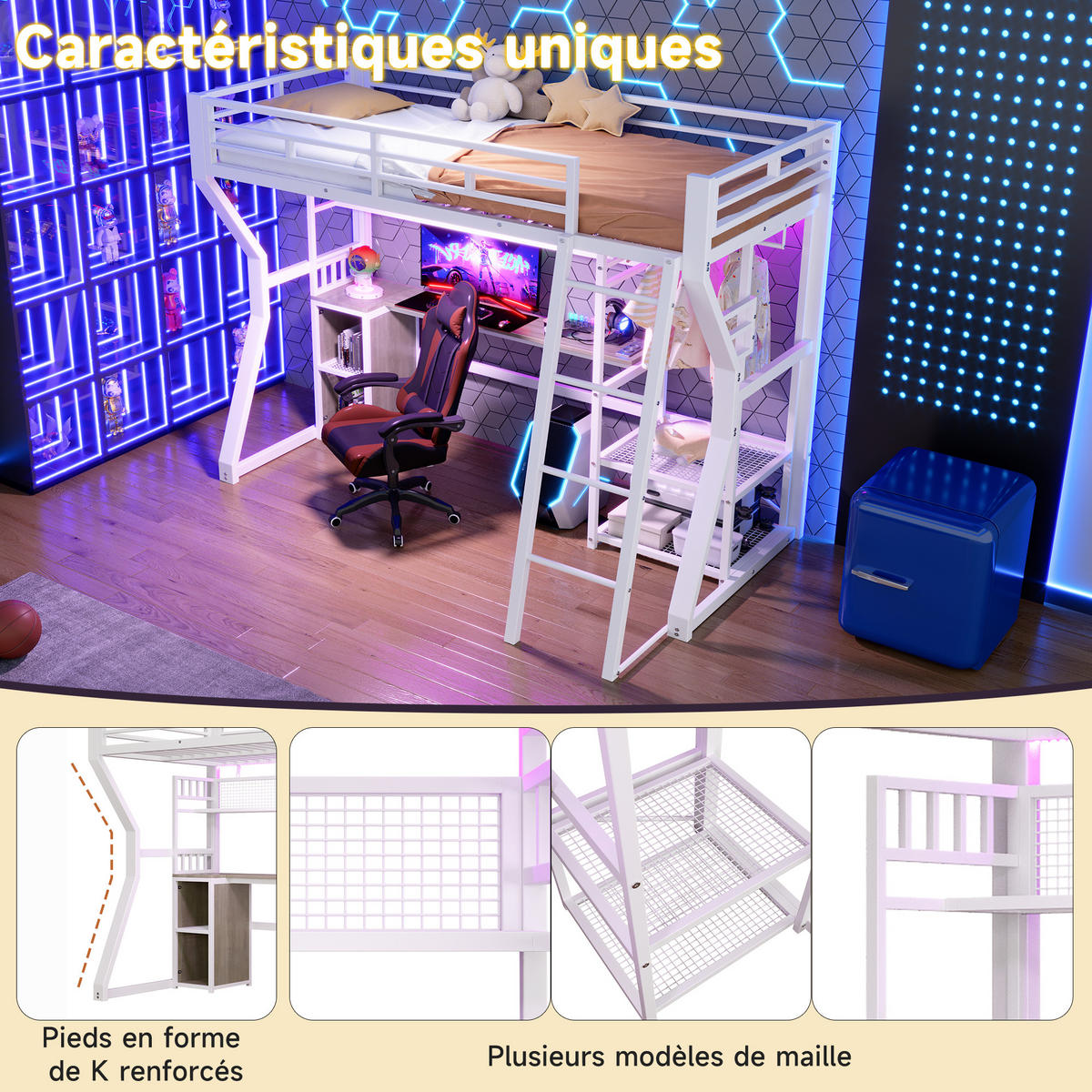 HOCHBETT mit LED und Schreibtisch Weiß 90x200 cm Metall - Weiß, Metall (90/200cm) - SONNENH