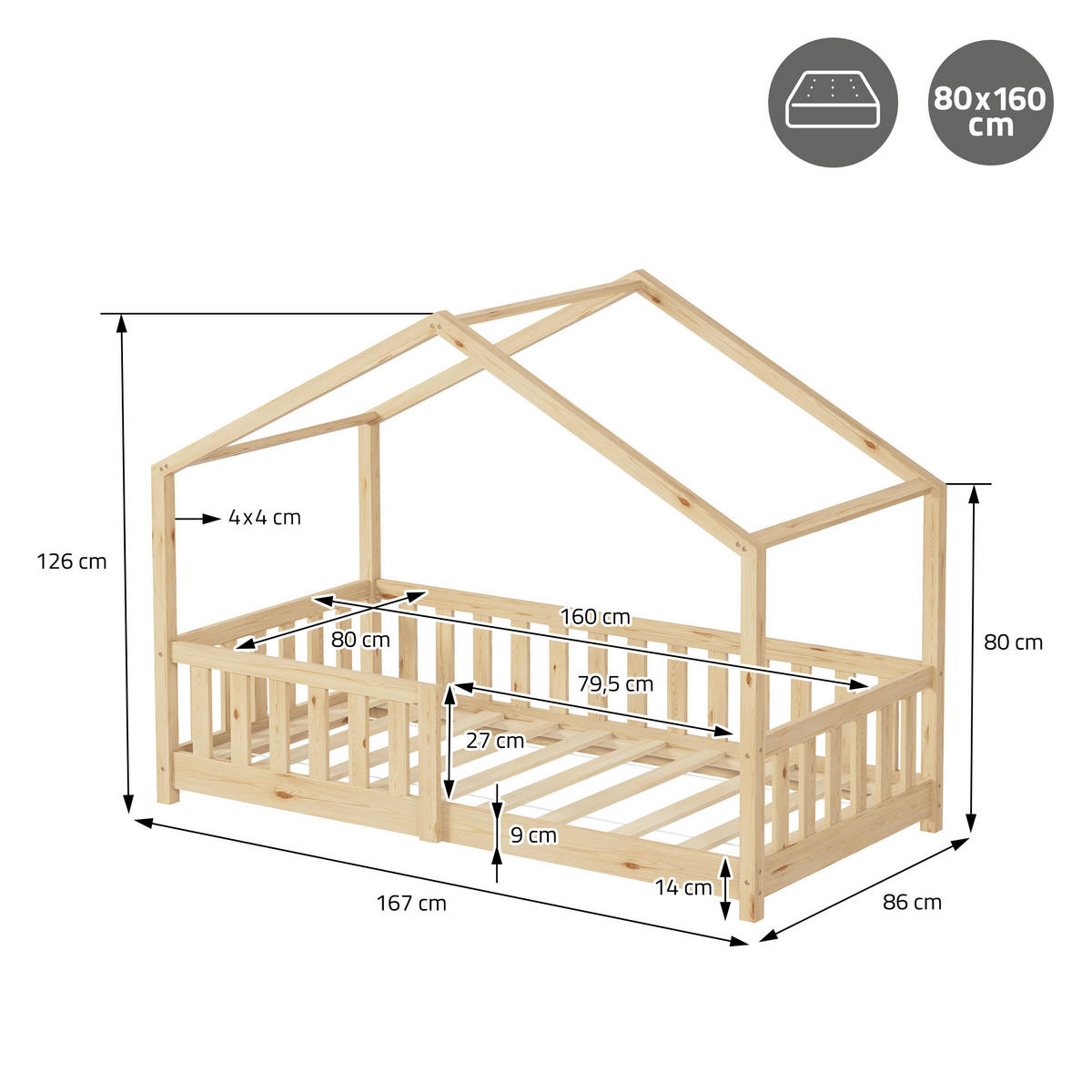 HAUSBETT 80x160 cm Natur aus Kiefernholz mit Rausfallschutz - Beige, Holz (80/160cm) - ML-DESIGN