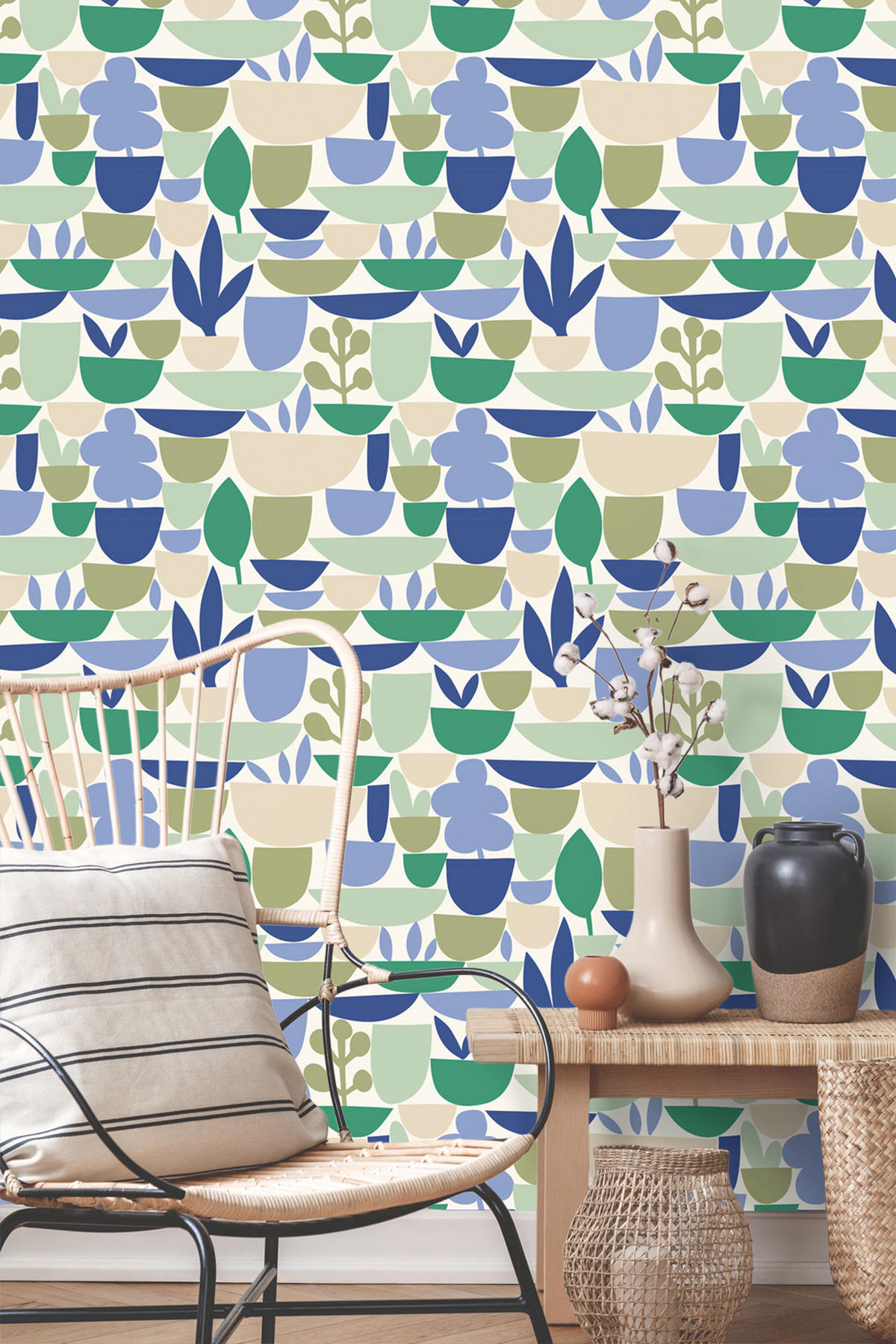 TAPETE Keramik und Pflanzen 50 x 900 cm - Grün, Papier (50/900cm) - ESTAhome