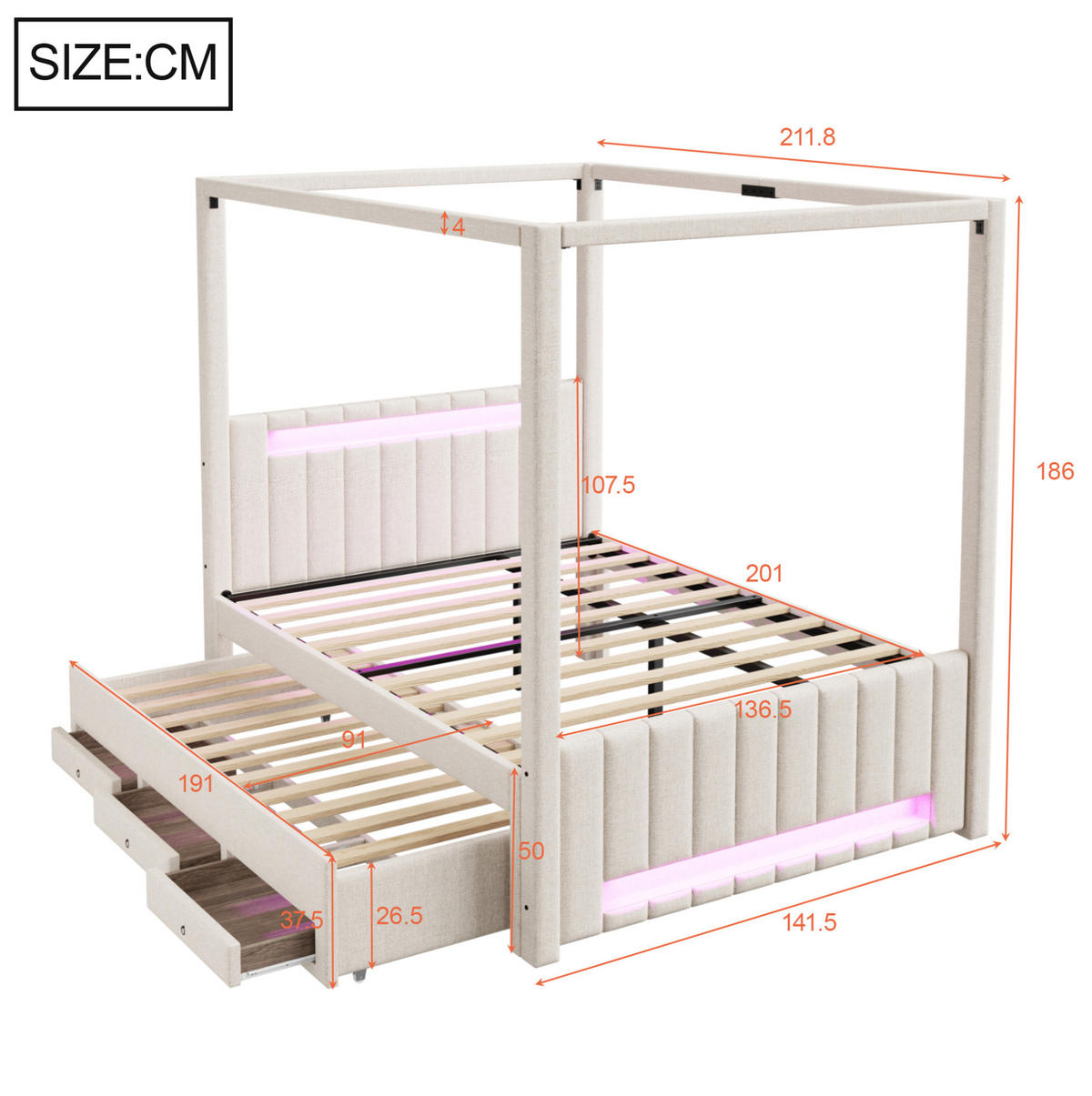 NEBESKÁ posteľ 140/200 cm béžová s výsuvným lôžkom, LED osvetlením a zásuvkami z MDF a ľanovej tkaniny - béžová, textil (140/200cm) - OKWISH