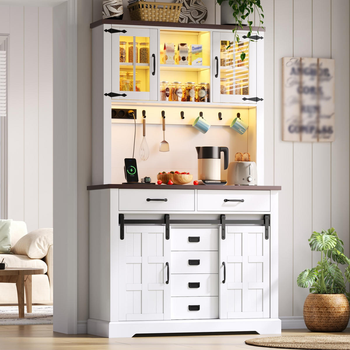 HIGHBOARD in Weiß Mehrzweckschrank mit verstellbare Einlegeböden, Steckdose und LED, B 108/T 40/H 180cm - Weiß, Holzwerkstoff (108/180/40cm) - STILVORA