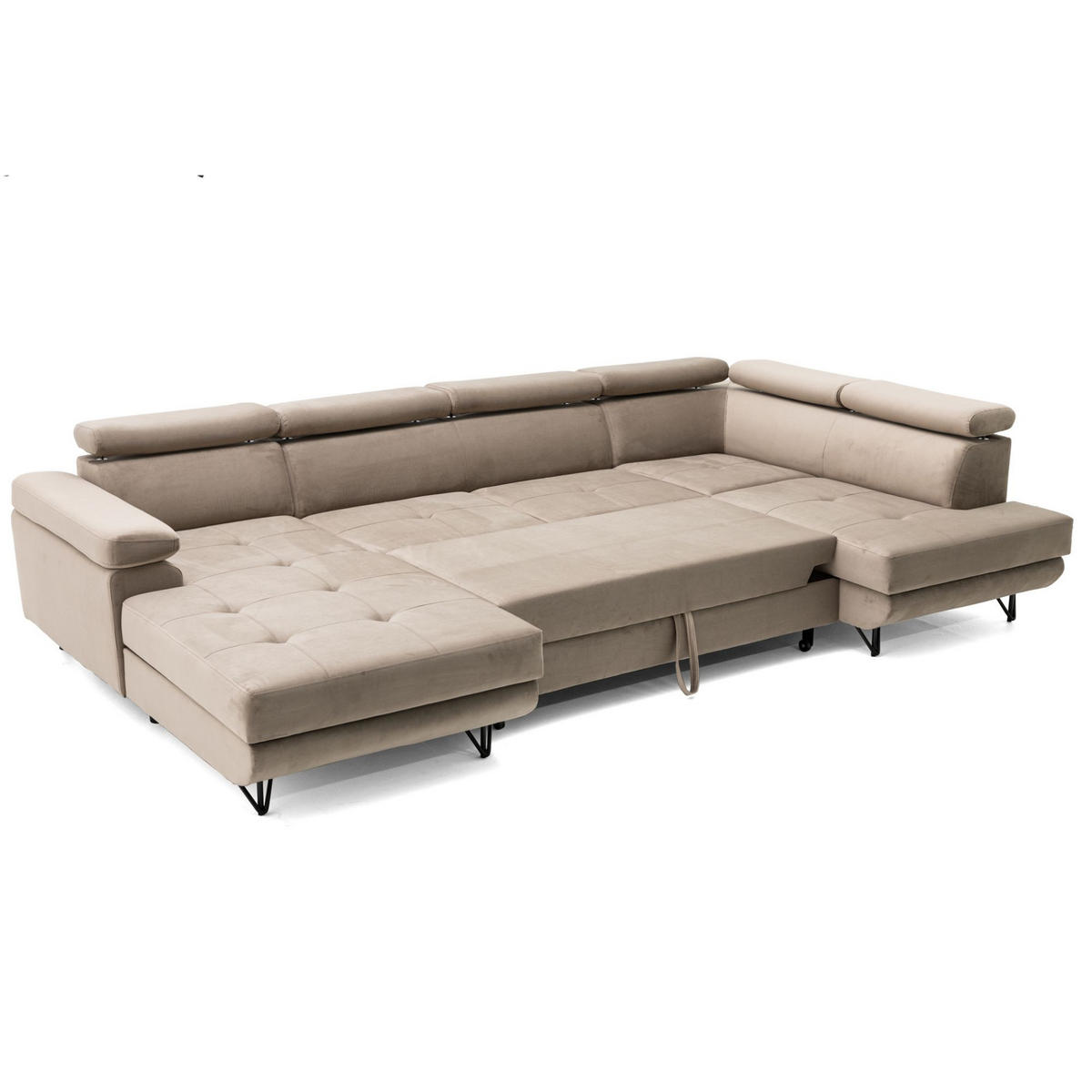 ECKSOFA U-Form JUNIOR U Rechts mit Schlaffunktion 128x254 Velours Beige - Beige/Schwarz, Holz/Textil (184/90/323cm) - Muffo