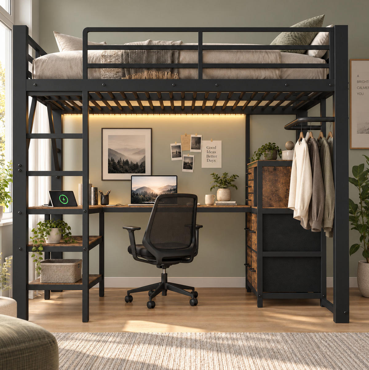 HOCHBETT aus Metall und MDF 140x200 cm Vintage-Braun-Schwarz mit Schreibtisch, LED und 7 Stoffschubladen - Schwarz, Metall (140/200cm) - Modfu