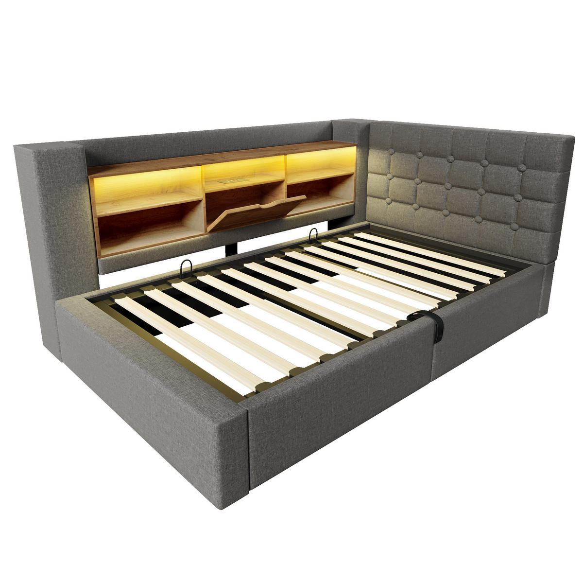 POLSTERBETT 90/190 cm grau aus Leinen mit LED und Stauraum - Grau, Textil (90/190cm) - OKWISH