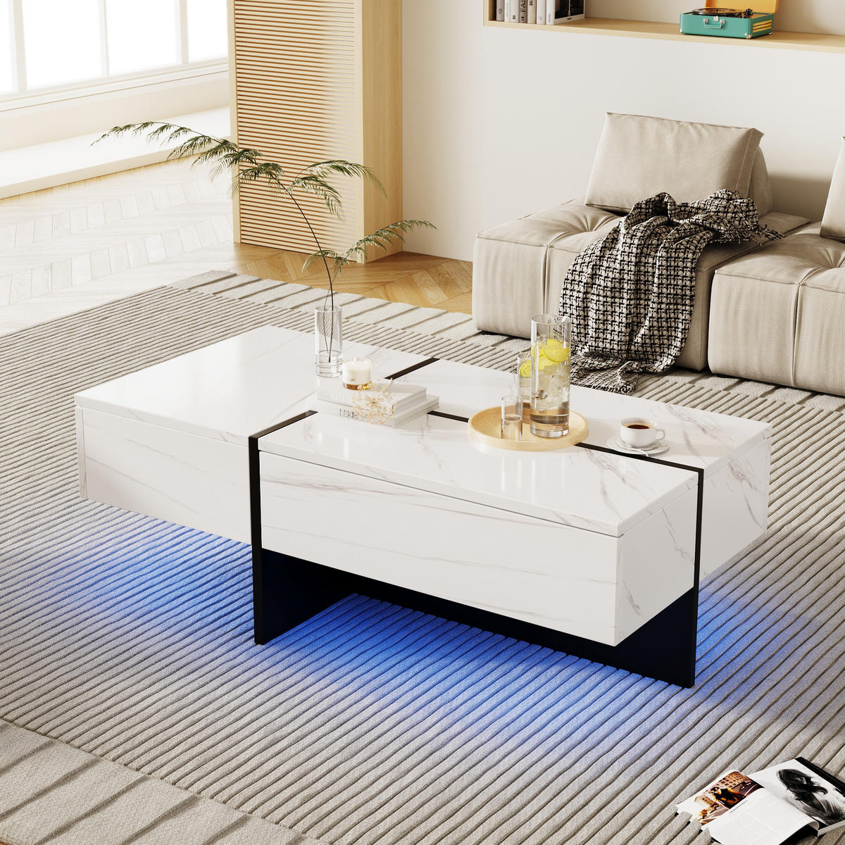 COUCHTISCH 100/50/34,5 cm in Weiß Hochglanz mit 3 Schubladen und LED-Beleuchtung - Weiß, Holzwerkstoff (100/50/34.5cm) - Flora Grace