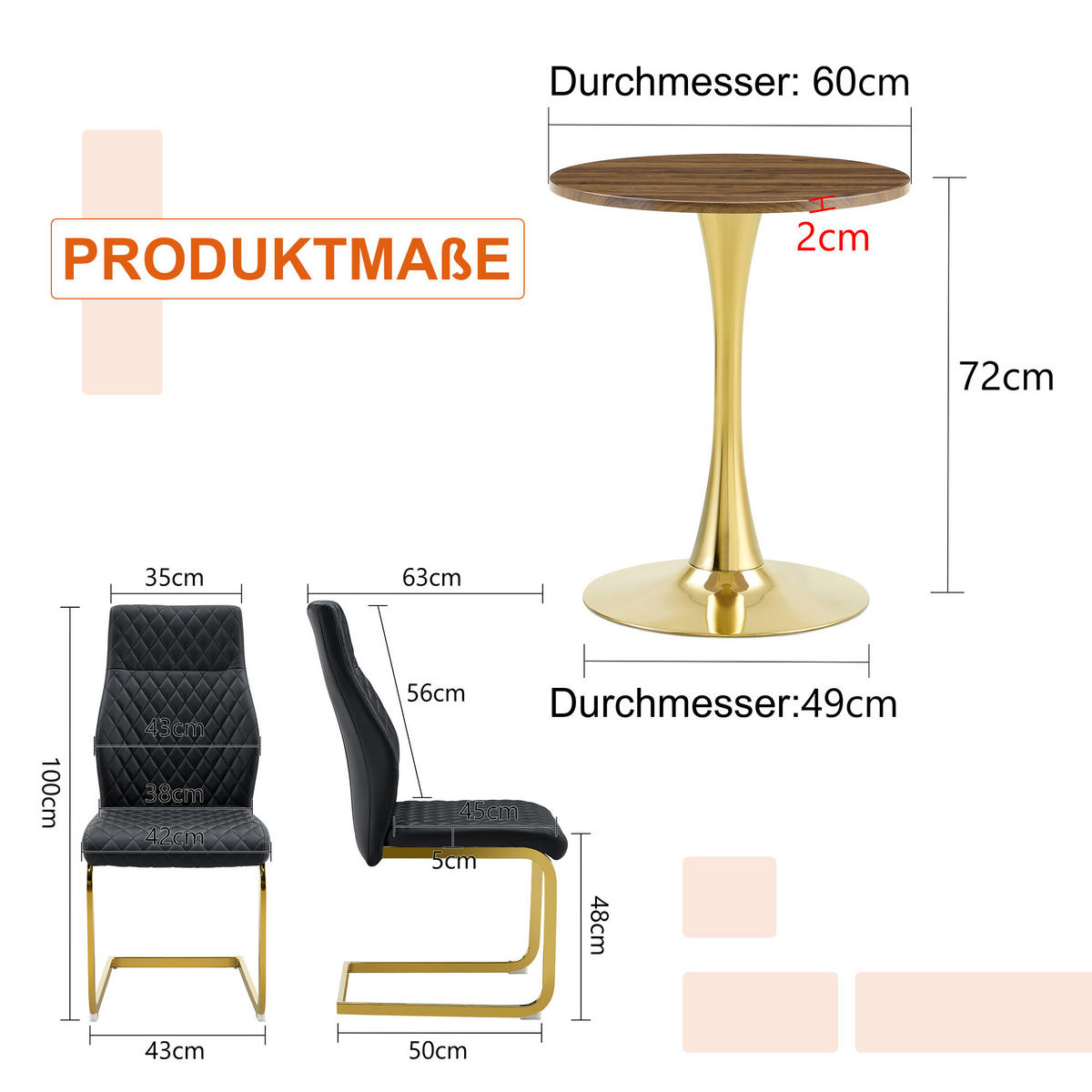 ESSGRUPPE DE-39414 3-teilig, mit 2 Stühlen und Rautenmuster Schwarz - Schwarz, Metall (60/72/60cm) - ComfortXL