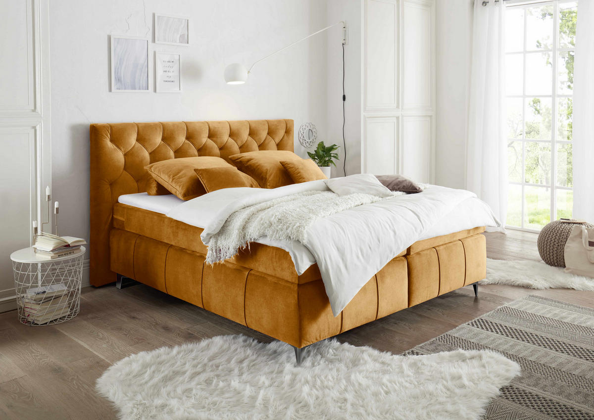 BOXSPRINGBETT 180 x 200 cm – 7‑Zonen-Tonnentaschen-Federkernmatratze, HR‑30 Topper, Samtoptik - Blau/Anthrazit, Kunststoff/Textil (180/200cm) - ed exciting design