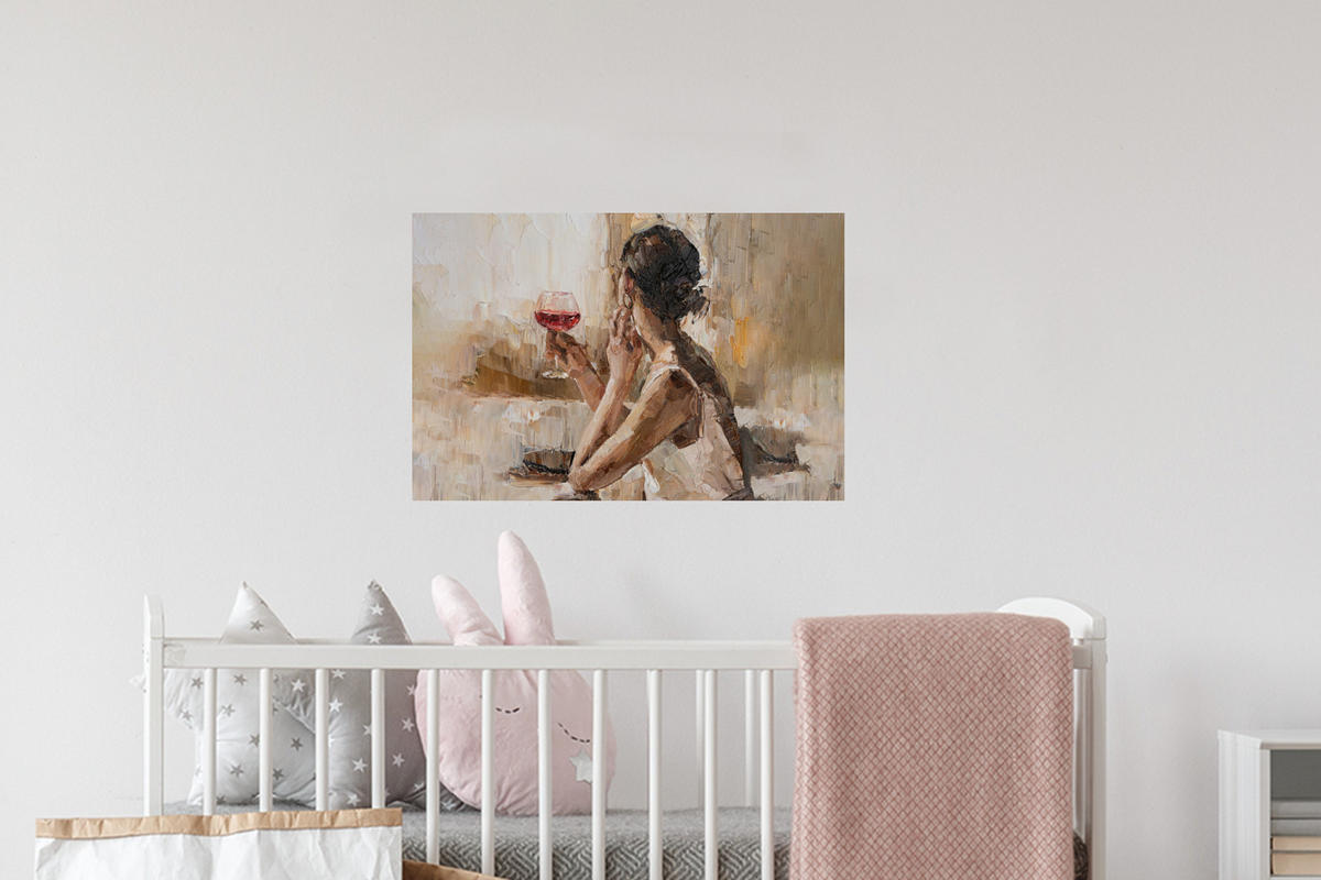 WANDTATTOO Ölgemälde - Frau - Wein 60x40 cm - Hellbraun, Kunststoff (60/40/0.1cm) - MuchoWow