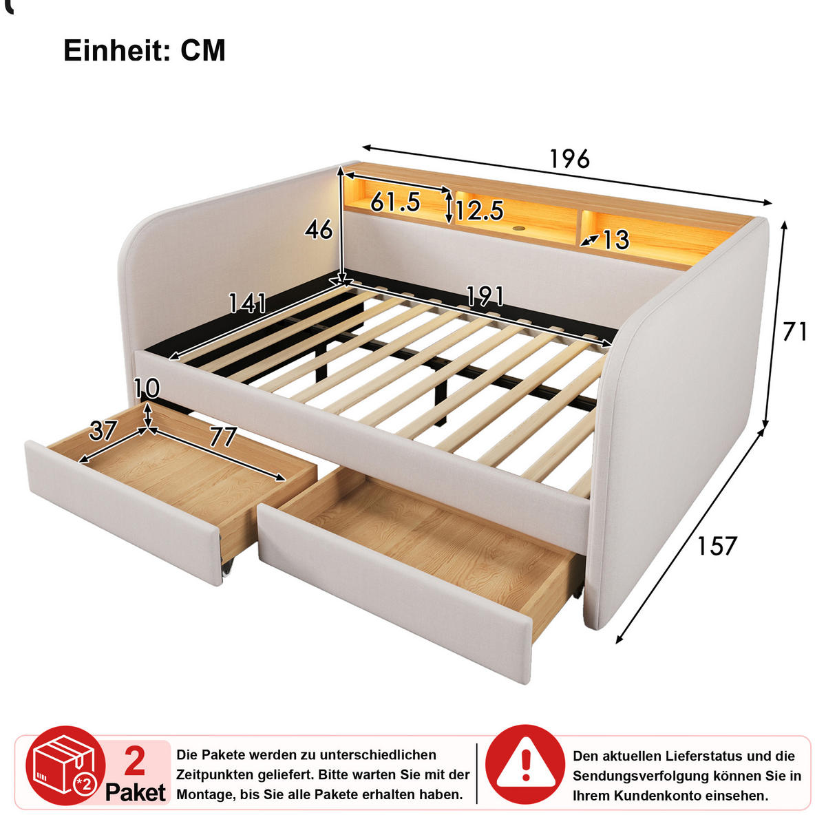 ČALOUNĚNÁ POSTEL 140 × 190 cm ve světle béžovém lnu se 2 zásuvkami, LED osvětlením a USB - béžová, kov/kompozitní dřevo (140/190cm) - WISHDOR