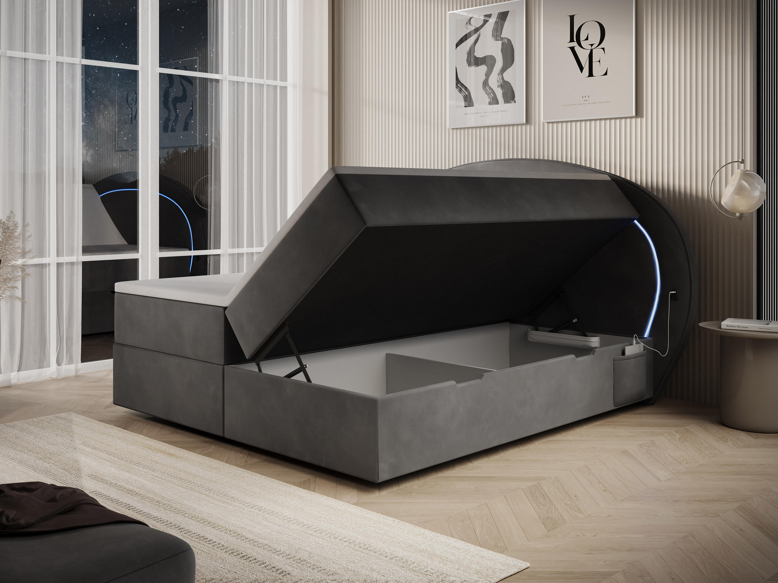 BOXBETT Orion 1 grau 160/200 cm mit LED H3 - Grau, Textil (160/200cm) - wonello