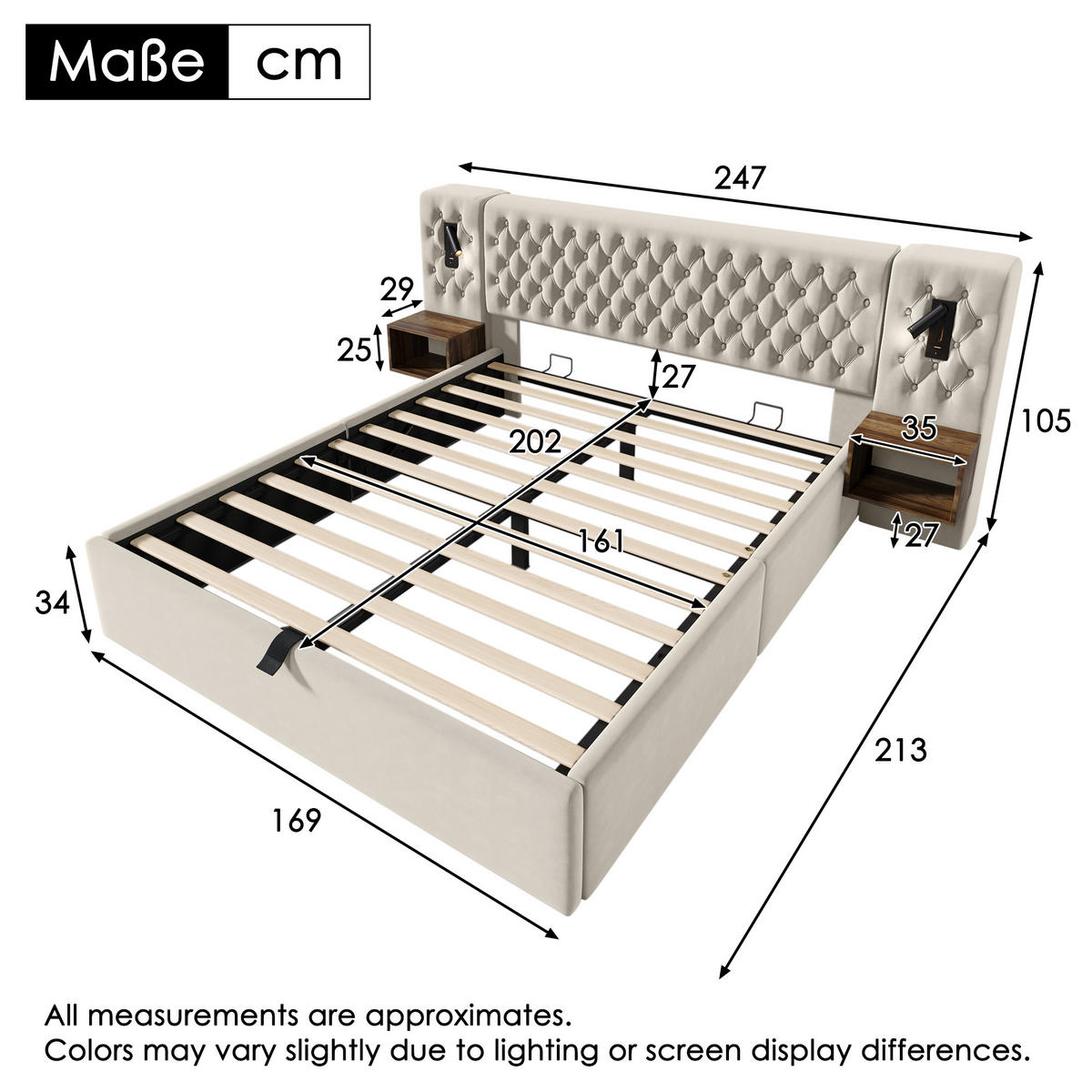 POLSTERBETT 160/200 cm Beige Hydraulisch Stauraumbett mit Nachttischen und Leselicht - Beige, Textil (160/200cm) - OKWISH