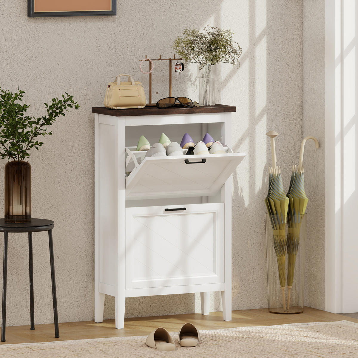 SCHUHREGAL,2 Klappschubladen Landhausstil verstellbare Böden,weiß - Weiß, Holzwerkstoff (60/96.7/26.5cm) - Vallsero