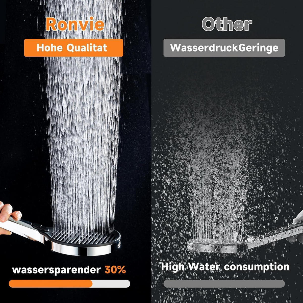 HANDBRAUSE 140 mm mit 3+1 Strahlarten und Wassersparfunktion - Silberfarben, Metall (15/12.7/25cm)