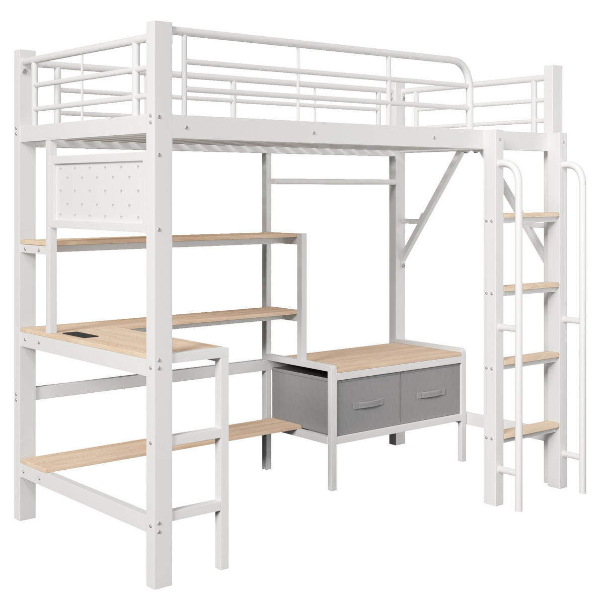 HOCHBETT aus Metall und MDF 90x200 cm Weiß mit Schreibtisch, LED-Beleuchtung und Stauraum - Weiß, Holzwerkstoff (90/200cm) - Modfu