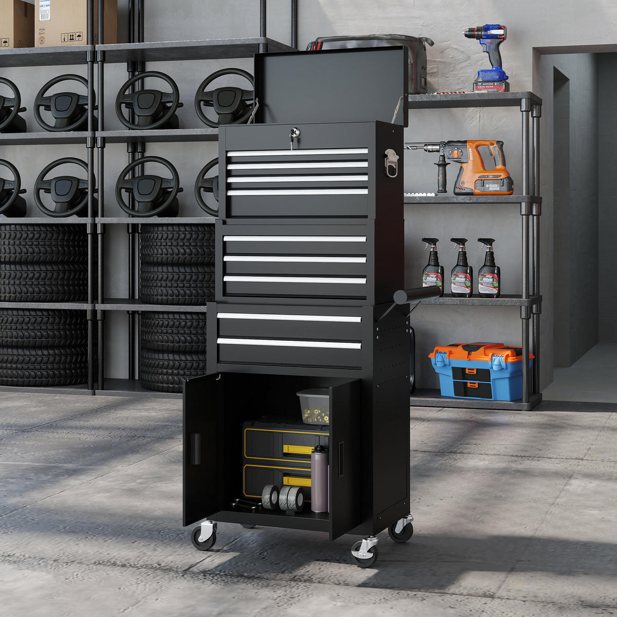 WERKZEUGKISTE 3-IN-1, rollender Werkzeugschrank mit 9 Schubladen, Stahl, Schwarz - Schwarz, Metall (33/133/69.5cm) - HOMCOM