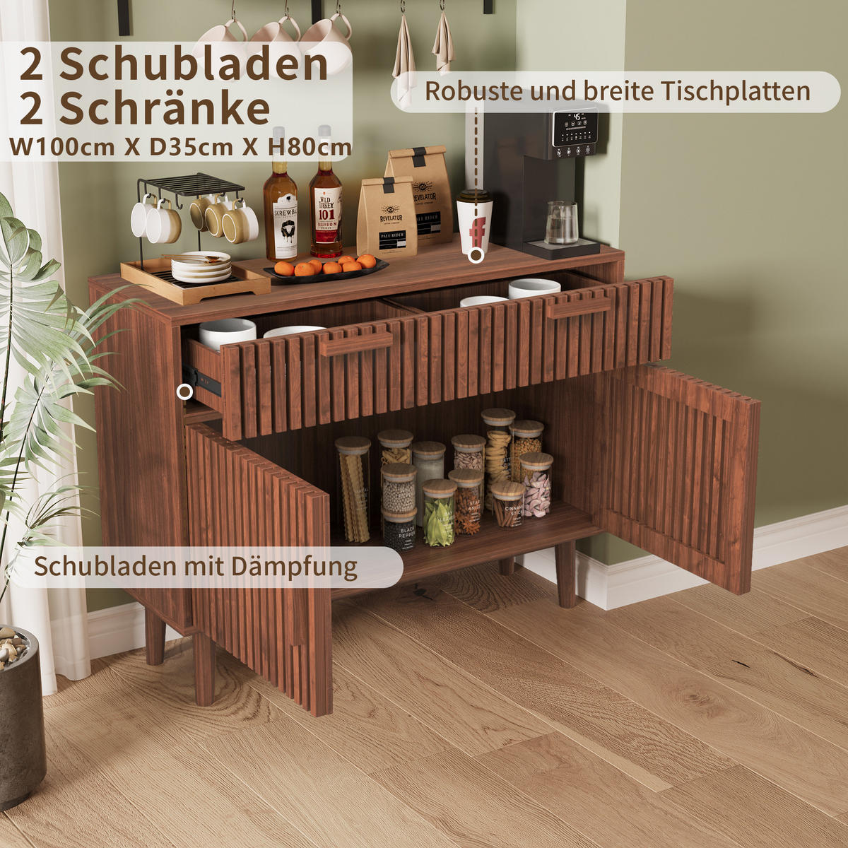 SIDEBOARD Nussbaumfarben 100cm Kommode mit 2 Türen 2 Schubladen Landhaus modern - Nussbaumfarben, Holz (100/80/35cm)