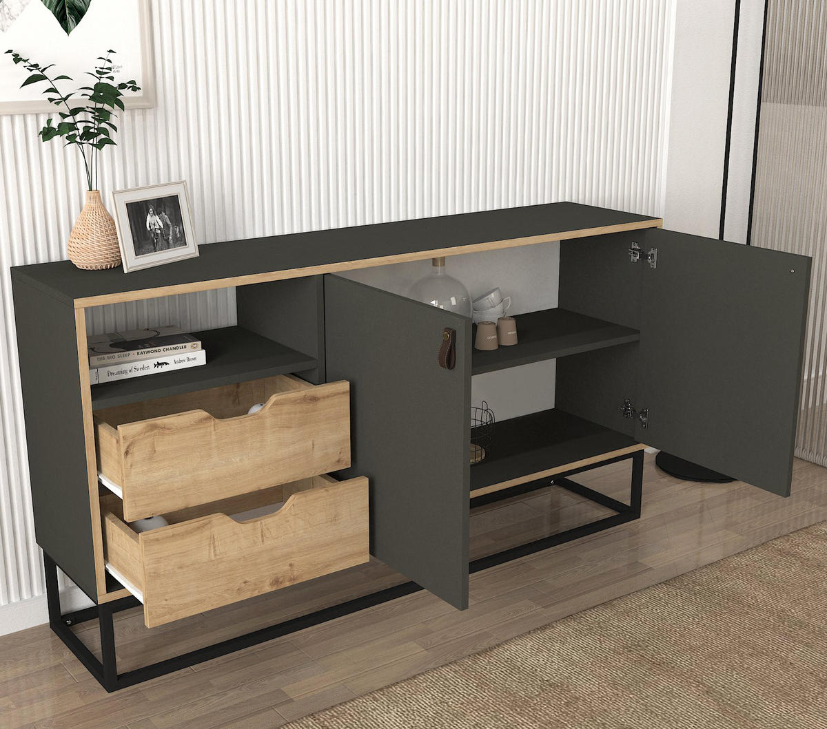 SIDEBOARD Dolores mit Metallfüßen Anthrazit Safir - Beige/Schwarz, Holzwerkstoff/Metall (150/80/35cm) - moebel17