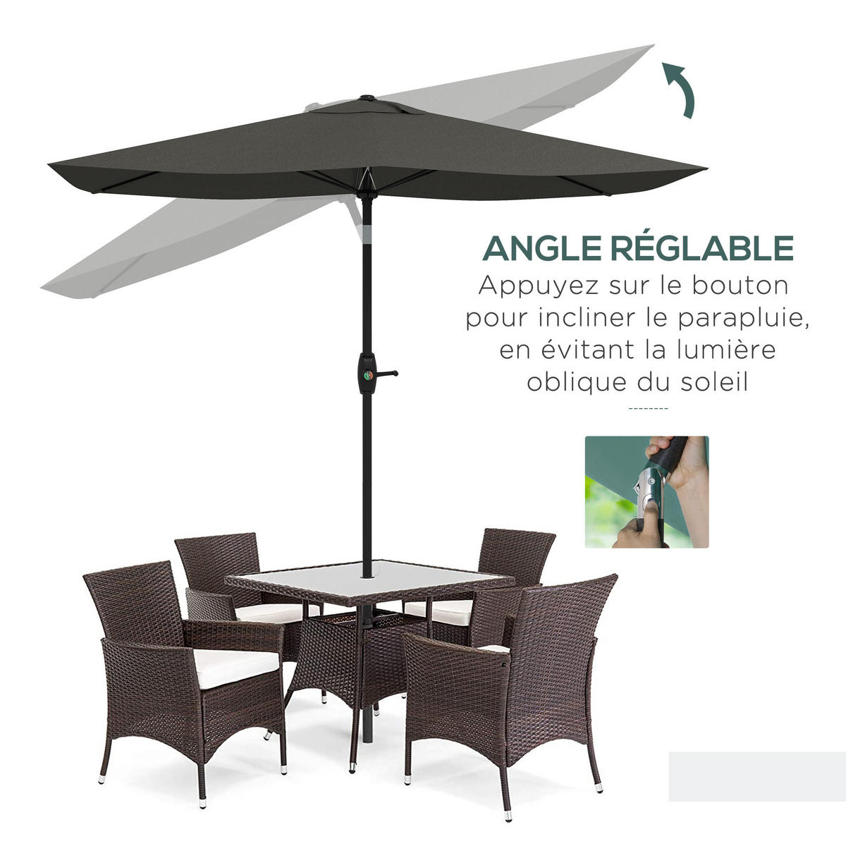 SONNENSCHIRM DE-11464 rechteckig, neigbar, mit Kurbel Dunkelgrau - Grau, Metall (200/290cm) - ComfortXL