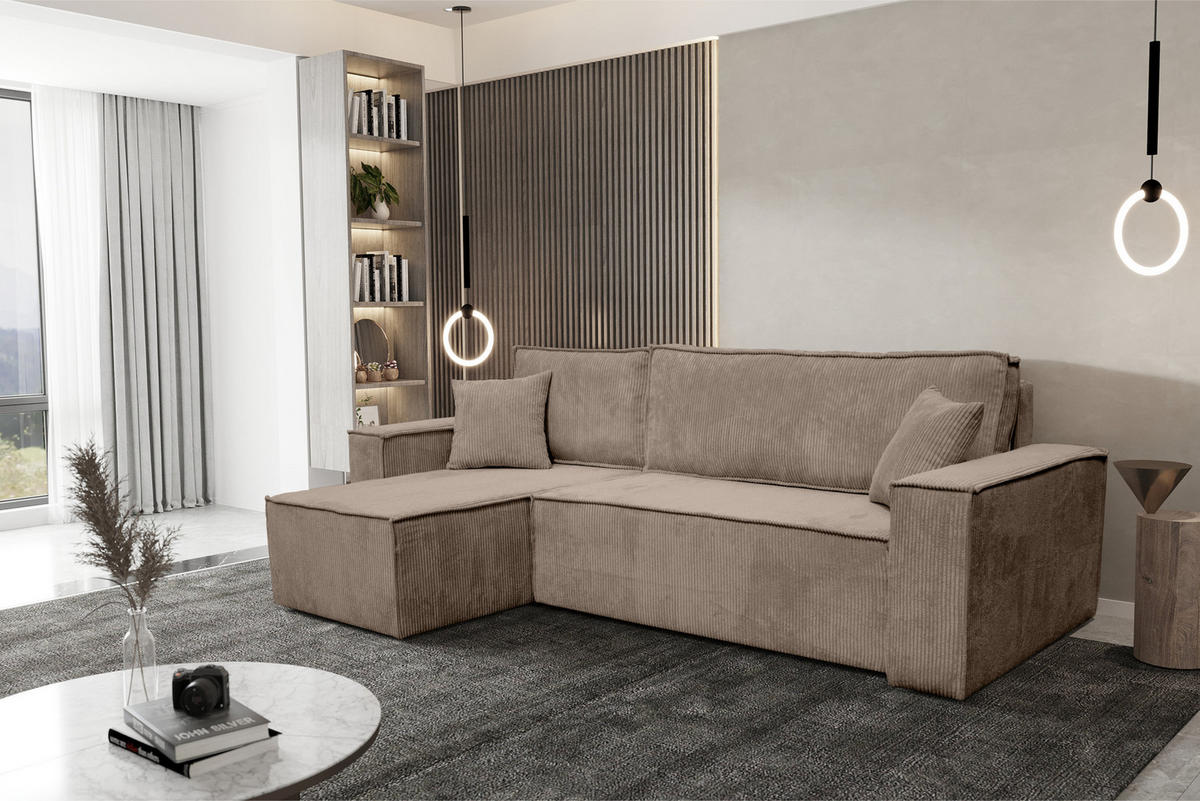 ECKSOFA Hugo L in L-Form mit Schlaffunktion und Bettkasten, Farbe: Hellbraun, Cordstoff, Ottomane Unsiversal - Hellbraun, Textil (244/145cm) - VENASI MÖBEL