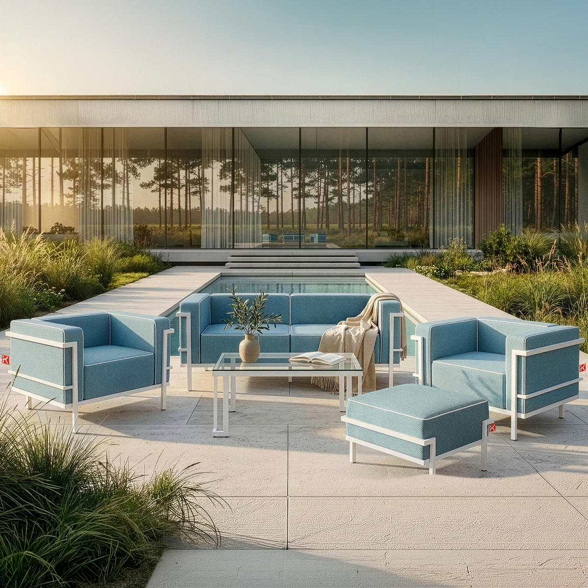 GARTENLOUNGE-HOCKER TRIGLO auf Metallfüßen, Modern, Weiß - Blau/Weiß, Textil/Metall (69/44/54cm) - KONSIMO®