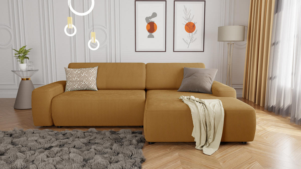 ECKSOFA Nancy Honig Cord - Schwarz/Honig, Holz/Kunststoff (264/162cm) - S-Style Möbel