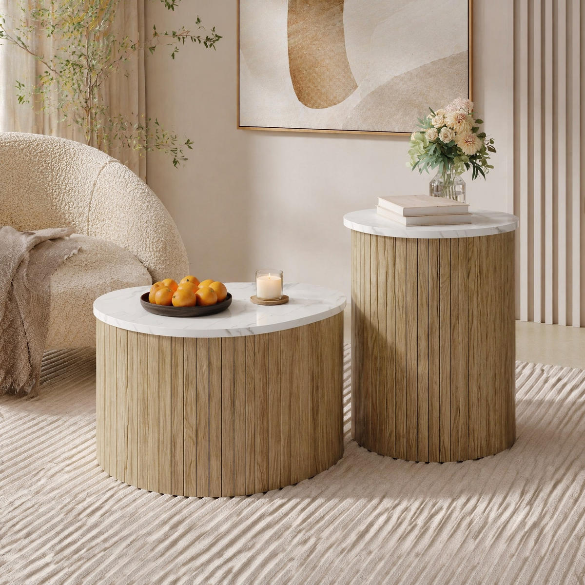 COUCHTISCH SET in Weiß und Naturfarben mit Marmormaserung und Holzoptik für Wohnzimmer, B60/T37/H38cm und B40/T25/H50cm - Weiß/Naturfarben, Holzwerkstoff (37/60/50cm) - STILVORA