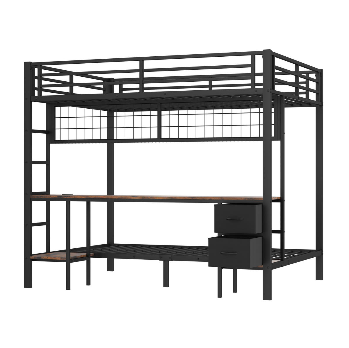 HOCHBETT 140/200 cm mit Schreibtisch, Schubladen, Regalen, Hängegitter, LED-Leiste und USB-Anschluss, Schwarz - Schwarz, Metall (140/200cm) - Redom