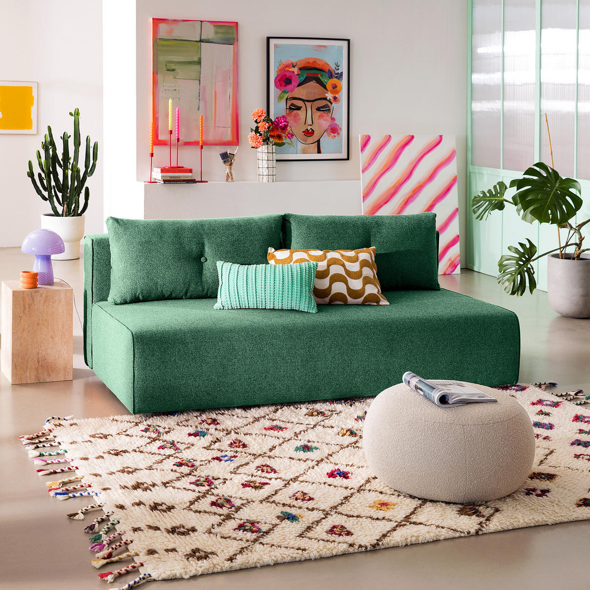 SCHLAFSOFA - Webstoff - Braun/Grün, Holz/Textil (200/86/102cm) - home24