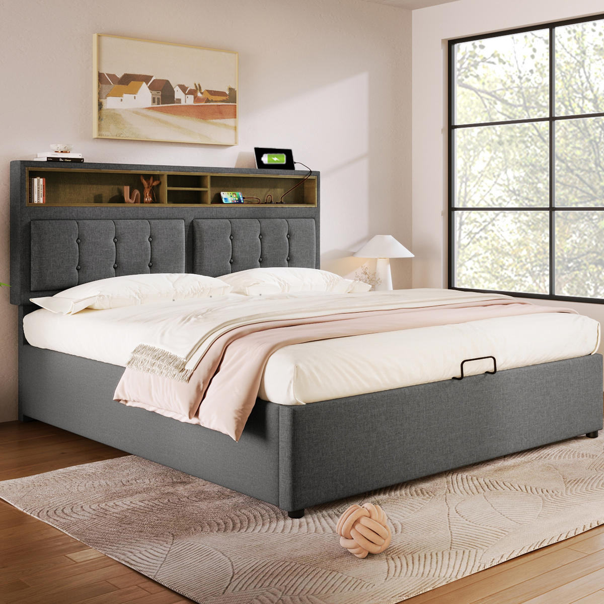 POLSTERBETT mit Stauraum & USB 160x200 cm Leinen Grau inkl. Matratze - Grau, Metall (160/200cm) - Meubliv