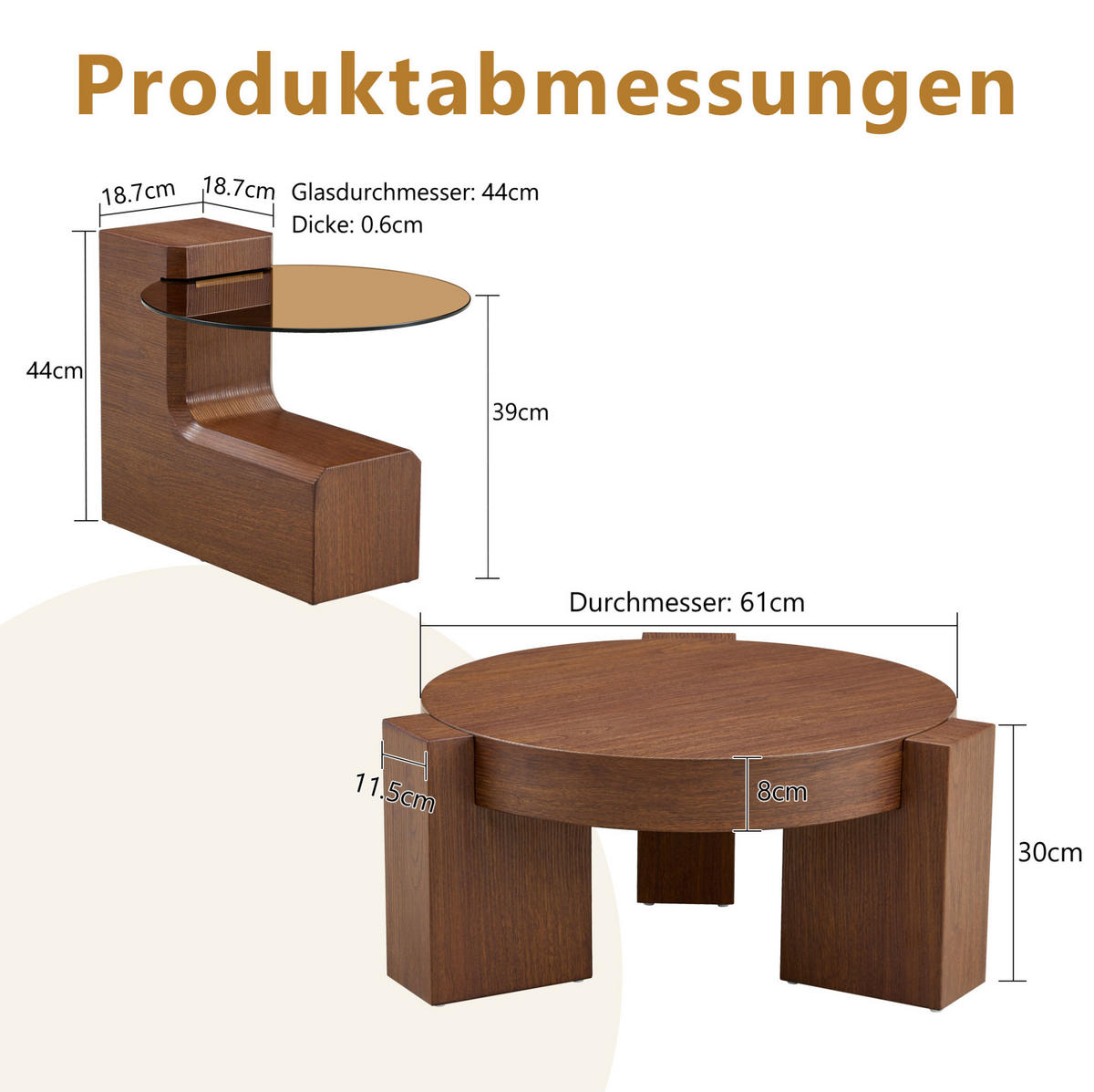COUCHTISCH-SET 61/61/30 cm mit integriertem Beistelltisch und 2 Ebenen, Nussbaumoptik/Braun - Walnussfarben, Holzwerkstoff (61/61/30cm) - Redom