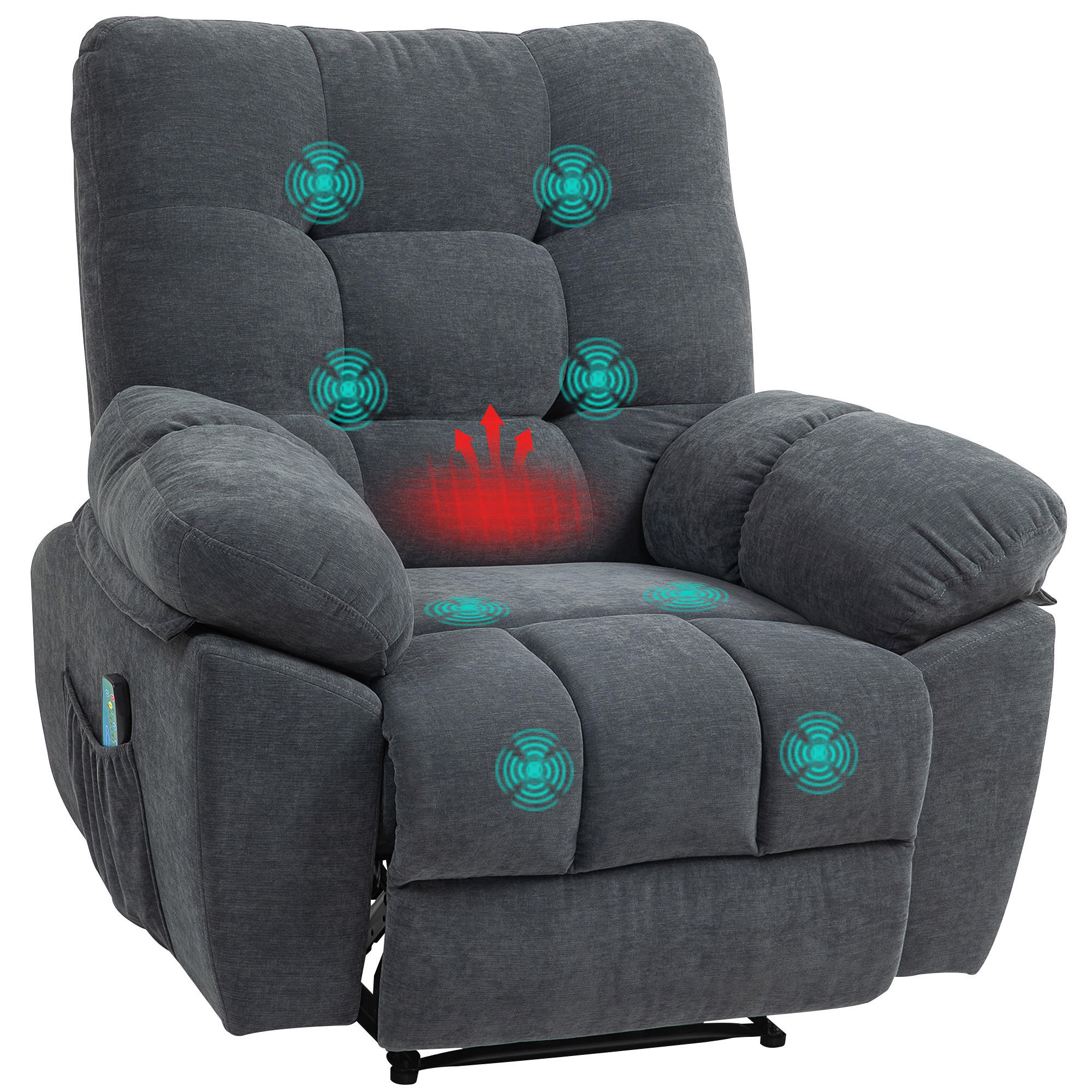 RECLINER-SESSEL,8 Vibrationspunkte verstellbare Fußstütze Seitentasche,grau - Grau, Textil (100/107/102cm) - Vallsero