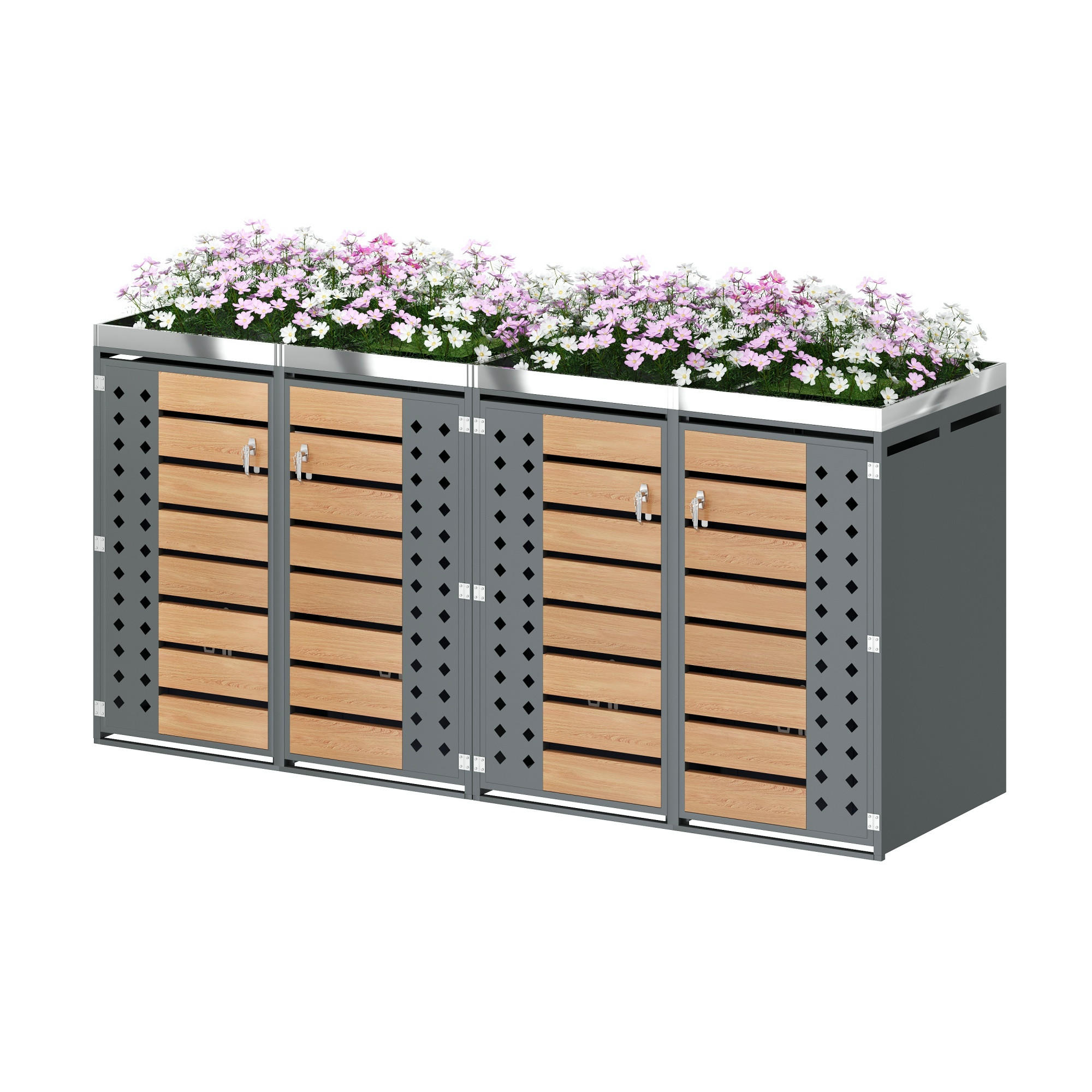 MÜLLTONNENBOX aus verzinktem Stahl in Grau/Holzoptik mit Pflanzkasten & 4 Türen 264x80x124,5 cm - Grau, Metall (264/124.5/80cm) - Modfu