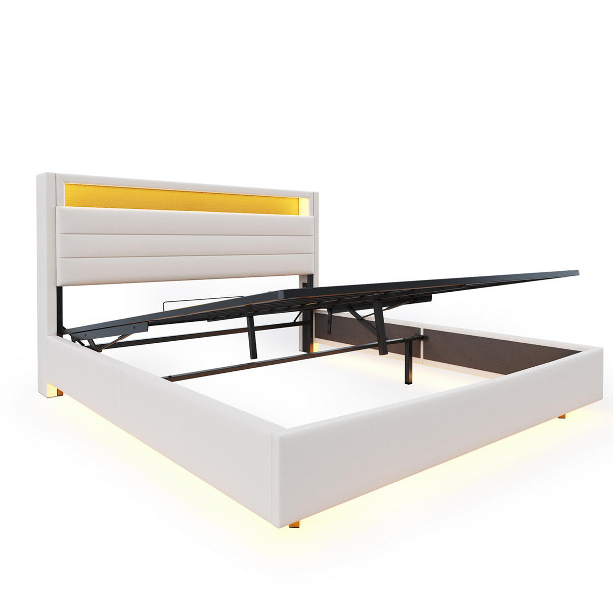 POLSTERBETT 140/200 cm Beige mit hydraulischem Stauraum und LED-Beleuchtung - Beige, Textil (140/200cm) - OKWISH