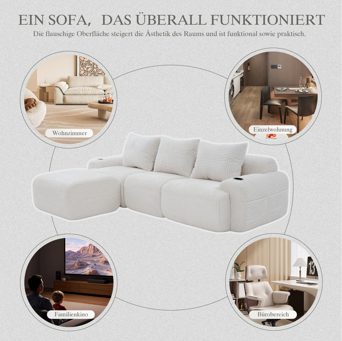 MODULARES 3-Sitzer Sofa Cordstoff mit Getränkehalter und Seitentasche 268/174/80 cm Beige - Beige, Textil (174/268cm) - Redom