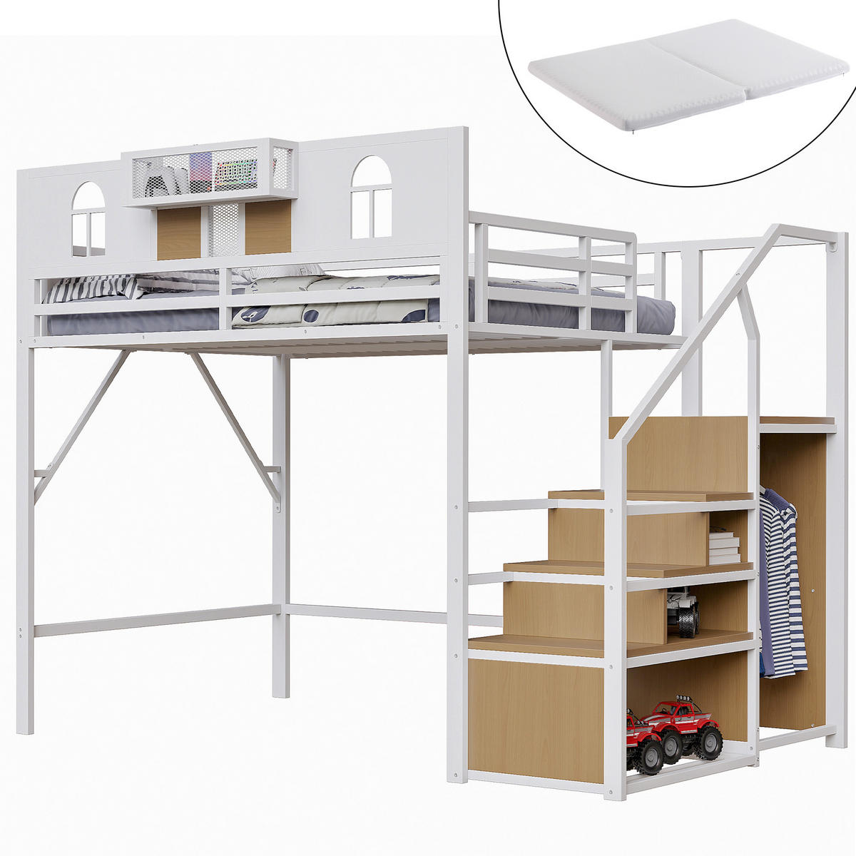HOCHBETT 140/200 cm mit Stauraumleiter in Weiß mit Matratze - Weiß, Metall (140/200cm) - OKWISH