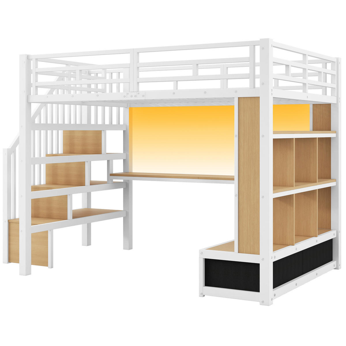 HOCHBETT aus MDF und Metall 140x200 cm Weiß mit Schreibtisch, Regalen, Stauraumtreppe und Schubladen - Weiß, Holzwerkstoff (140/200cm) - Modfu