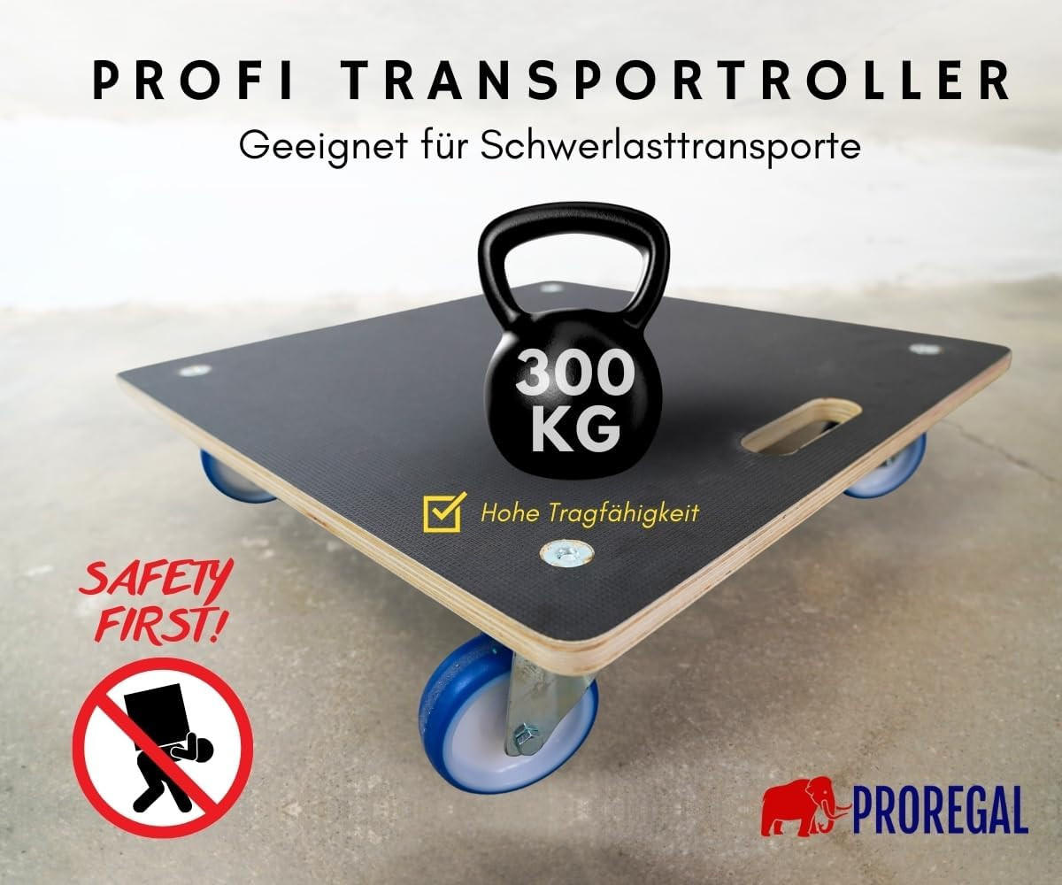 TRANSPORTROLLER mit 4 Rollen 2 Stück 15x58x58cm Traglast 300kg Siebdruck Holzplatte Schwarz - Schwarz, Metall (58/58/15cm) - PROREGAL