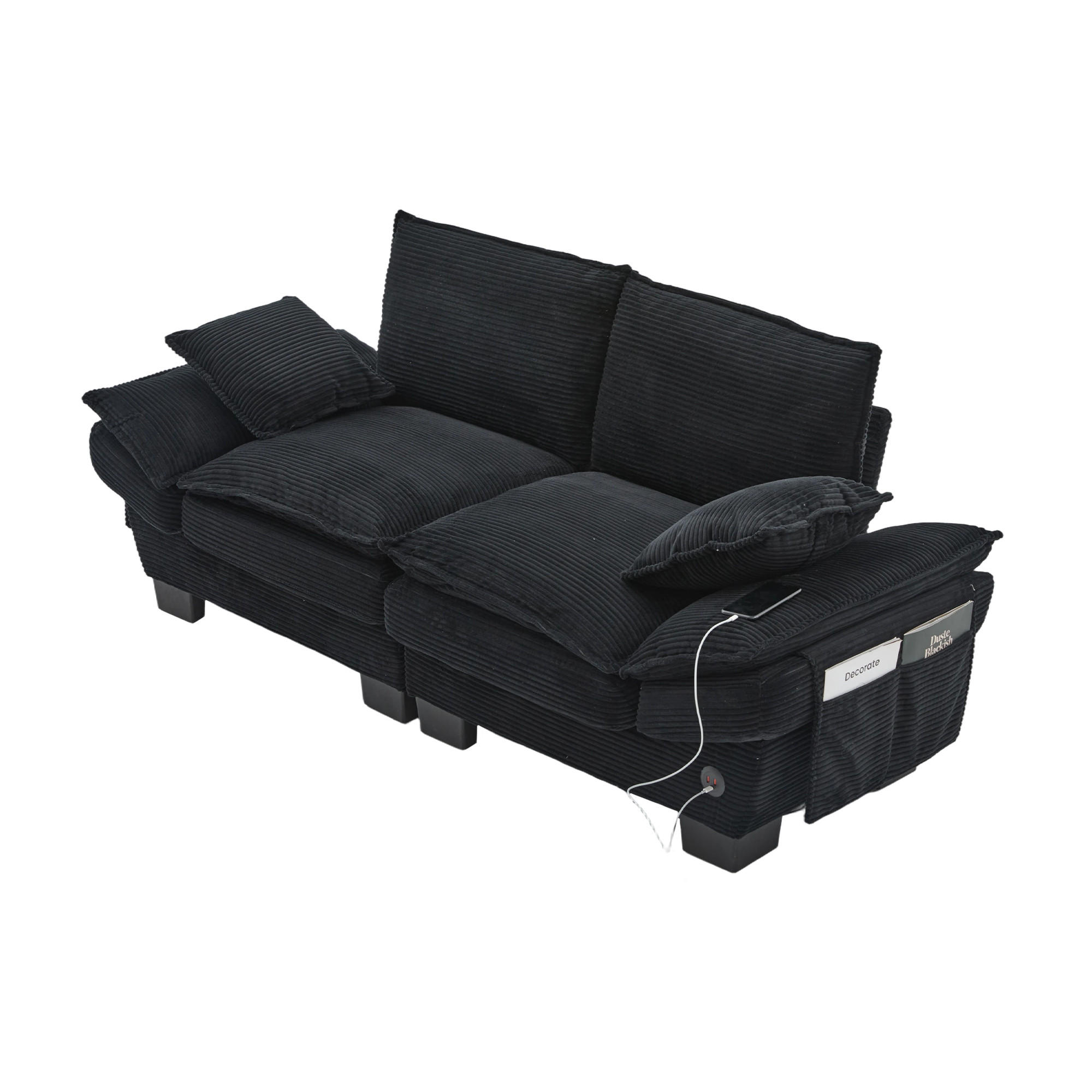2-SITZER Sofa aus Cord 190x73x84 cm in Schwarz mit USB-C & Seitentaschen - Schwarz, Textil (73/84/190cm) - Modfu