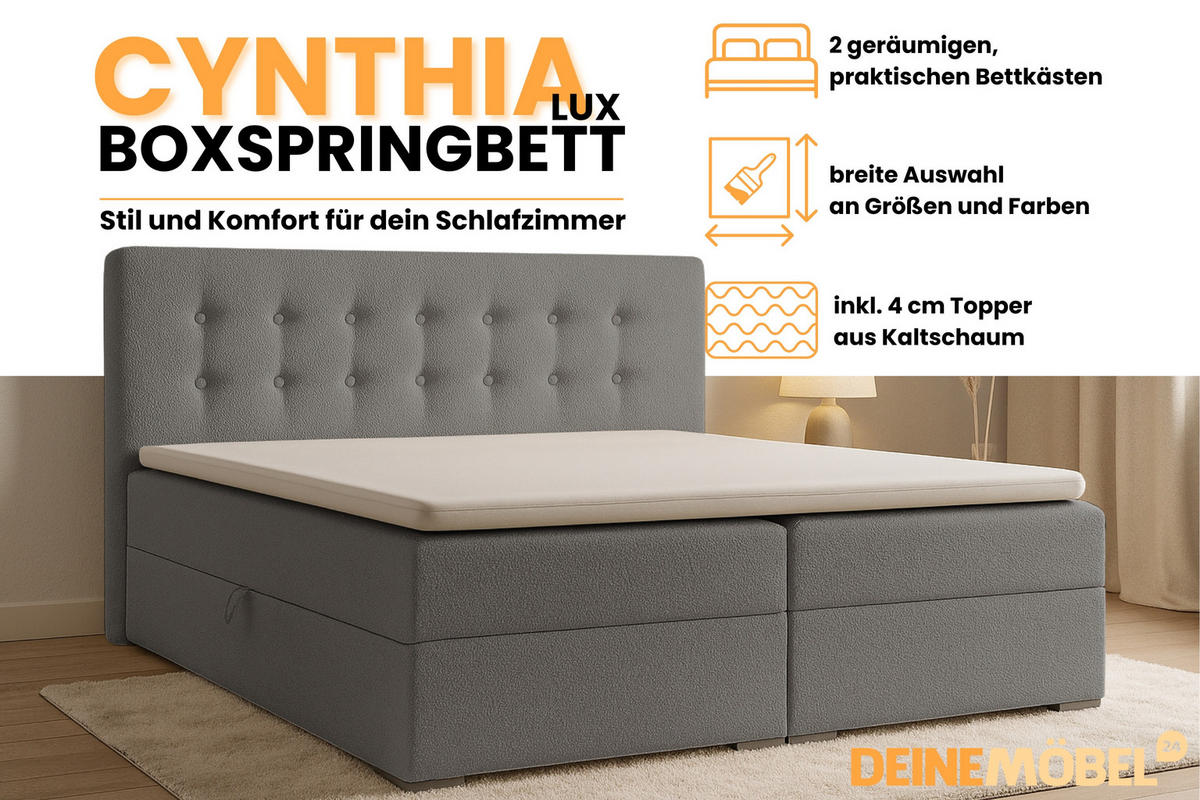 BOXBETT CYNTHIA LUX 140/200 in Boucle Grau H3 - Grau, Holzwerkstoff (140/200cm) - Deine Möbel 24