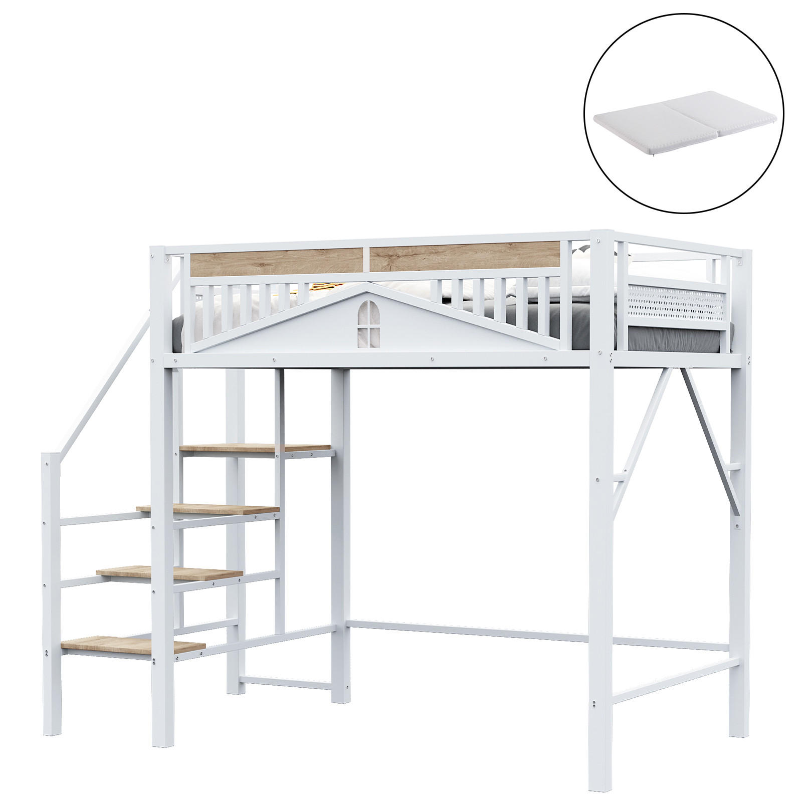 HOCHBETT 140/200 cm Weiß mit Sicherheitsleiter und Stauraum mit Matratze - Weiß, Metall (140/200cm) - OKWISH