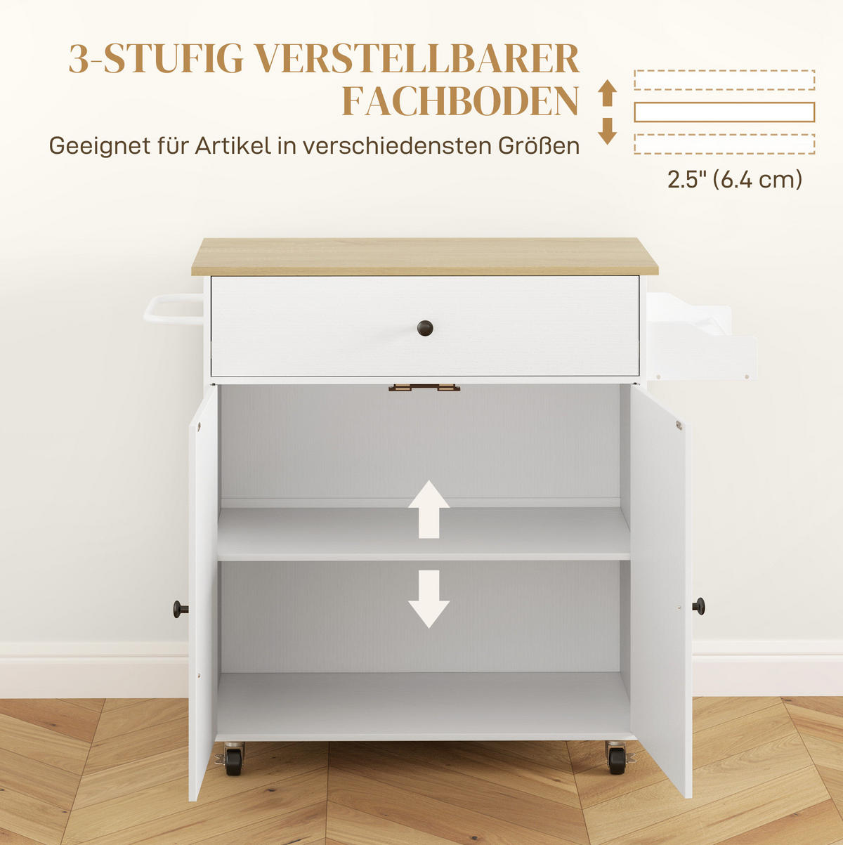 KÜCHENROLLWAGEN faltbar 106x42x87cm Weiß mit ausklappbarer Platte & Schublade - Weiß, Holzwerkstoff (106/87/42cm) - Modfu